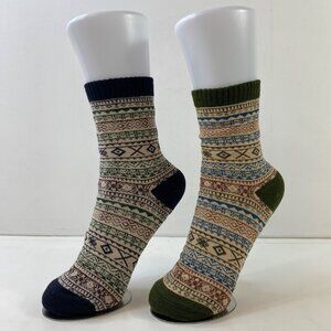 Womens Crew Socks Set 2 Fair Isle Nordic Pattern Beige Blue Orange Brown